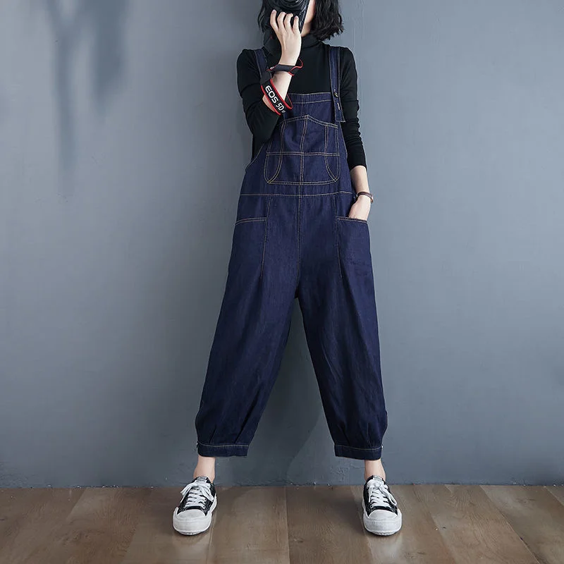 

Denim Suspenders Women's 2021 Spring Clothing Large Size Loose Age Reducing High Waist Slim Wide Leg Nine Point Jumpsuit Women