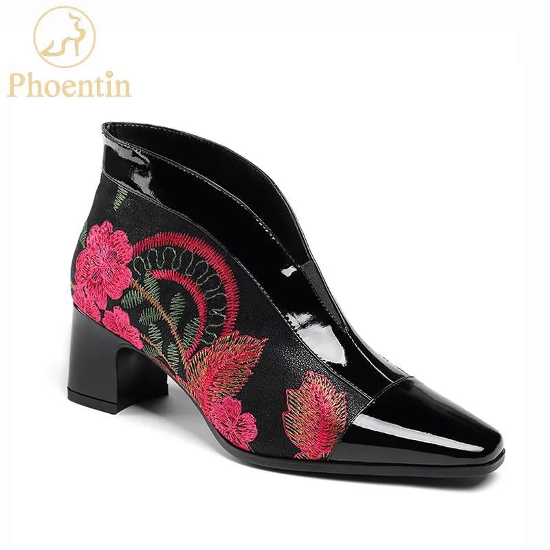 Женские ботильоны с цветочной вышивкой Phoentin зимние кожаные ботинки без застежек