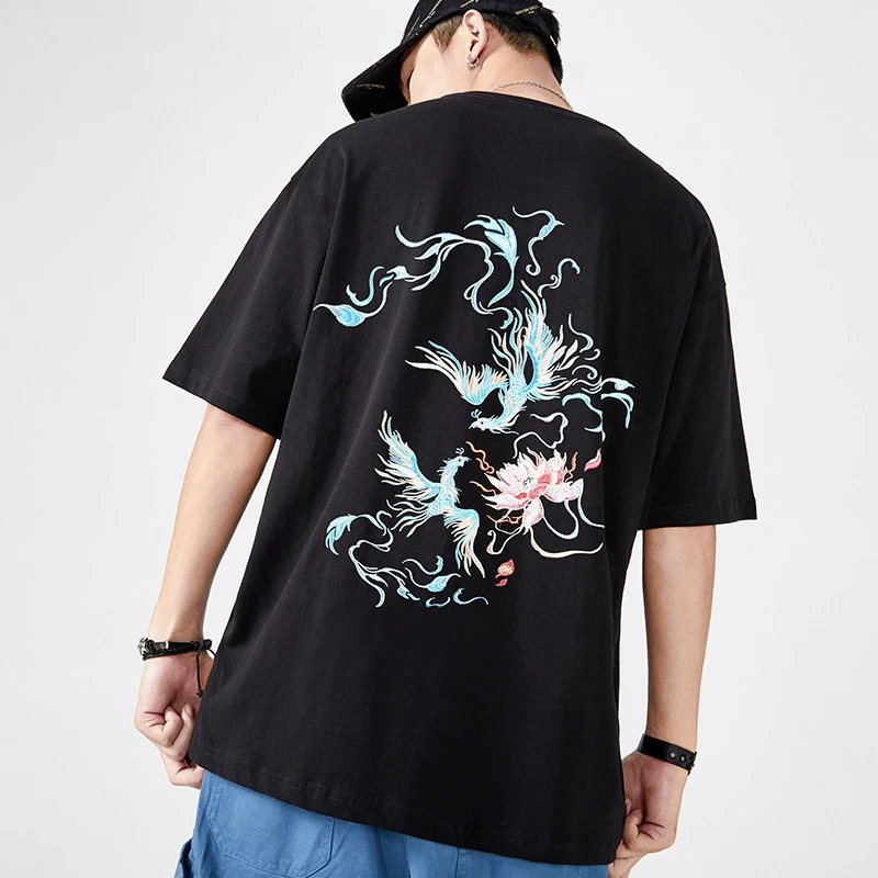 

Lyprerazy Men flower Embroidery T-shirt Male Chinese Dragon Embroidery Short-Sleeved Tshirt High Street Hip hop Tops Tee