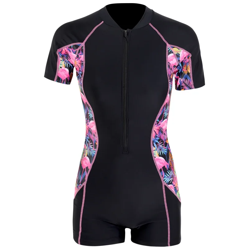 Women UV Sun Protection Short Sleeve Rash Guard Front  Zipper Swimwear Printed Surfing Suit SportWear Bathing Suit Beach Wear