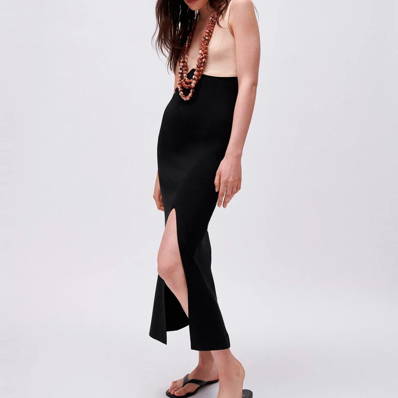 

CNlalaxury Sexy Knit Bodycon Dress Women Black Party Robe Dress Patchwork Sleeveless Spaghetti Strap Beach Midi Dresses Summer