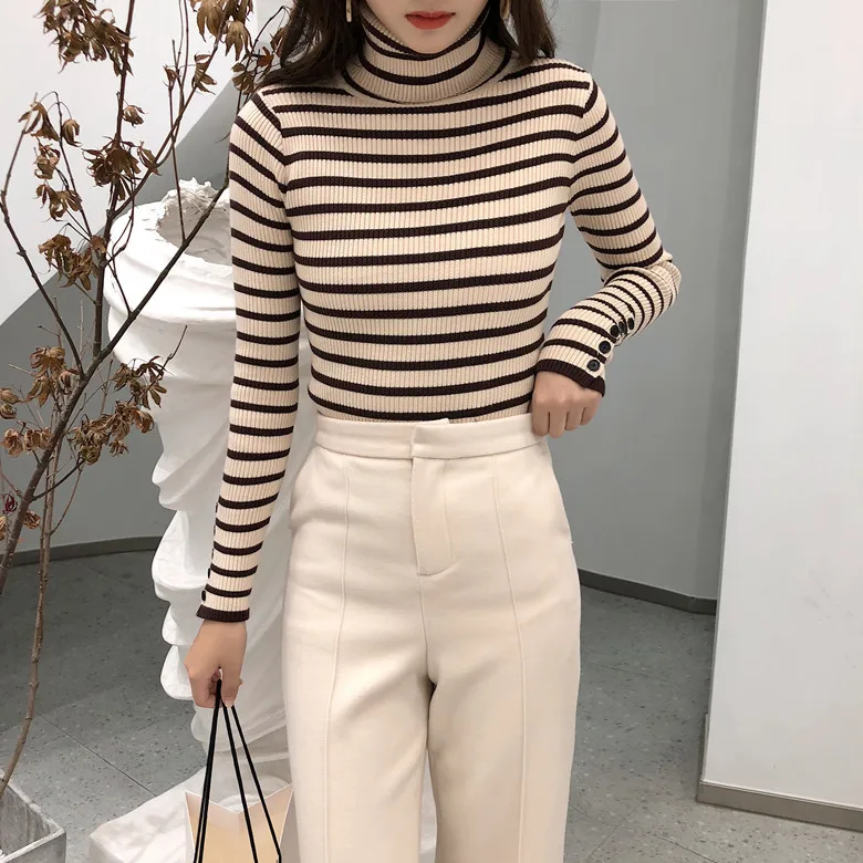 Autumn and winter high-collar striped knit bottom shirt women 2020 new self-fitting sweater tights long coat