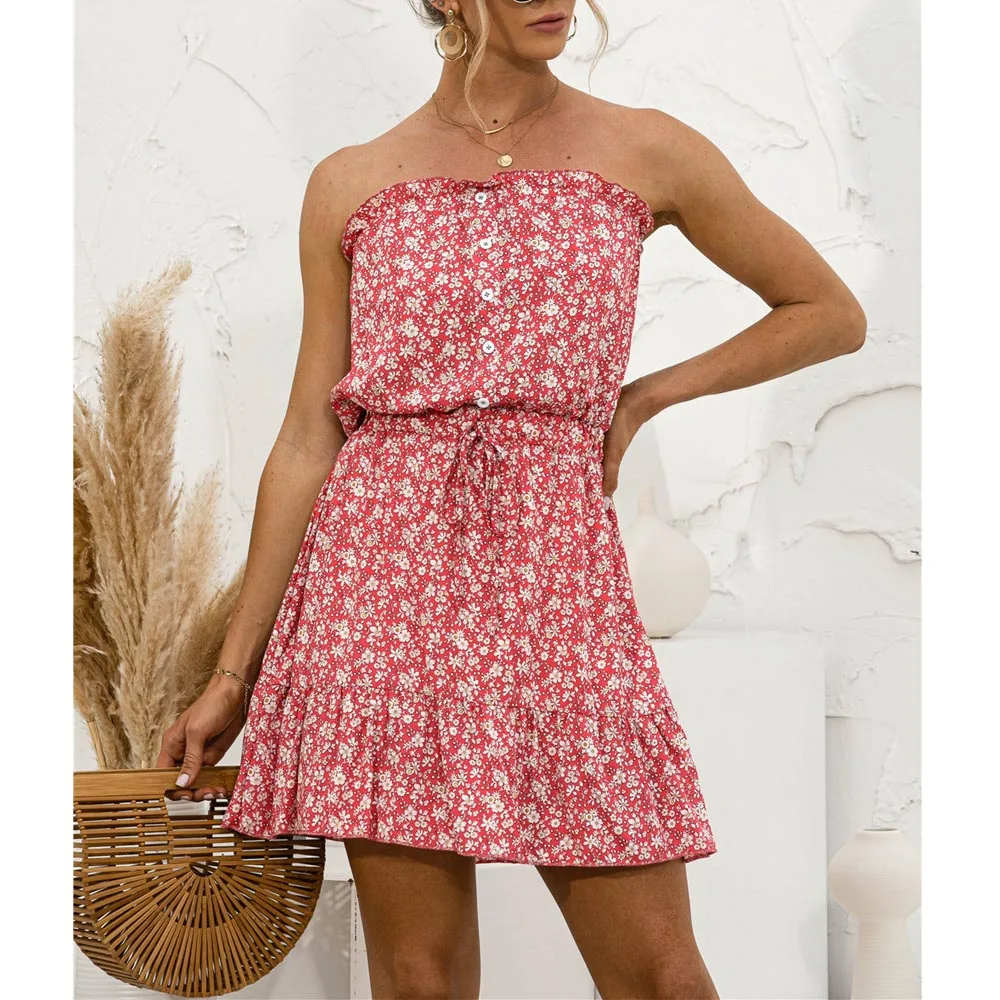 

Sexy Mini Dress Women Strapless Floral Print Ruffles Summer Boho Casual Lace-up Button Girls Beach Holiday 2021 Dresses