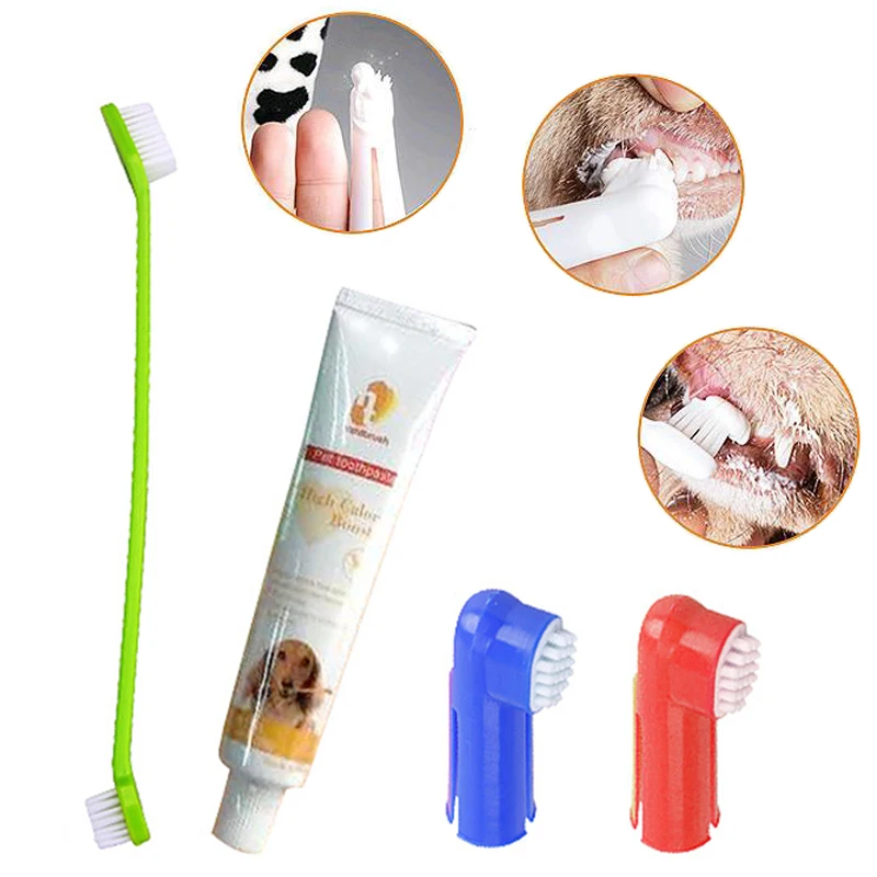

4 Pcs Pet Toothbrush and Toothpaste Set For Small Medium Large Dogs Ediable Beef Flavors Toothpaste Dental Care Dog Tooth Brush