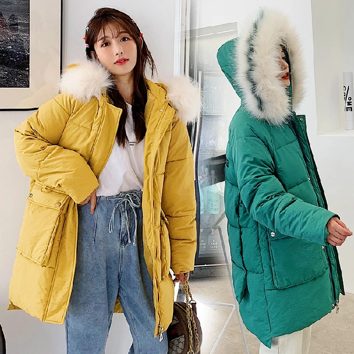 

New Down Dress Female Middle And Long Korean Version Big Hair Collar Loose Student Bf Cotton-padded Bread Dress Ins Net Red