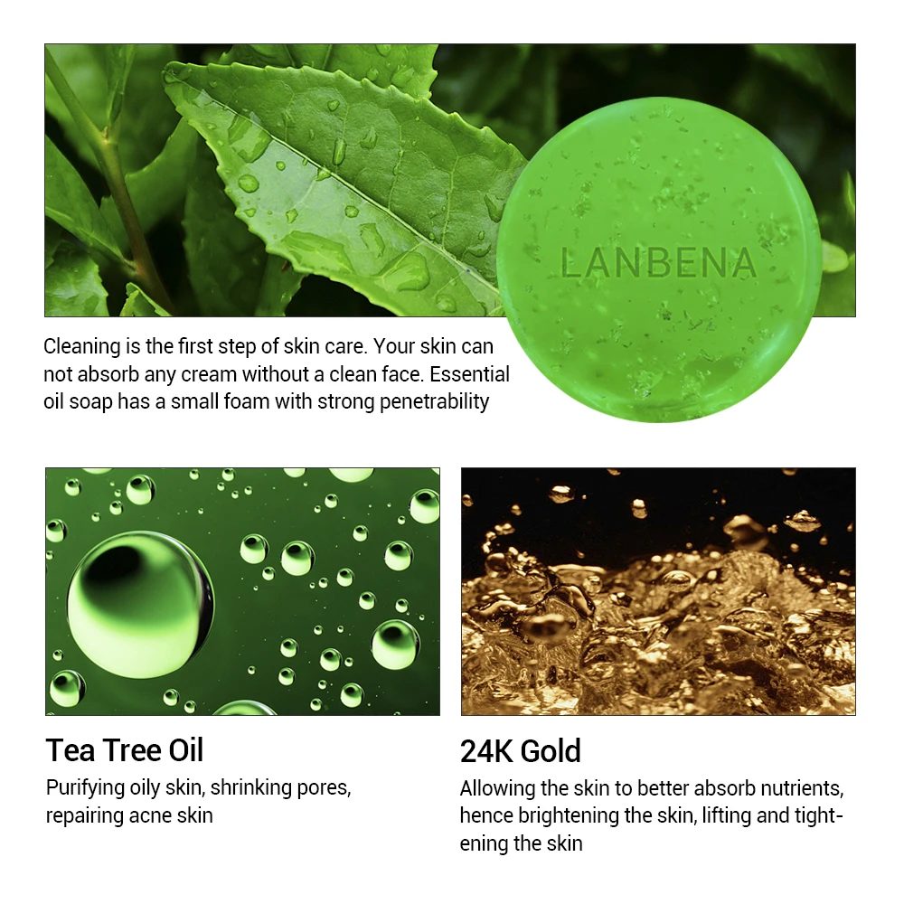 LANBENA 24K Gold Handmade Soap Tea Tree Essential Oil Facial Cleansing Acne Treatment Moisturizing Blackhead Remover Anti-Aging | Красота и