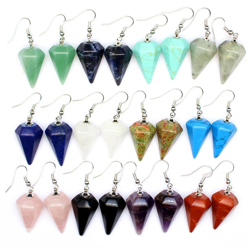 

Healing Chakra Natural Stone Cone shape Earrings Pink Crystal Quartz Brincos Pendientes Jewelry for Women