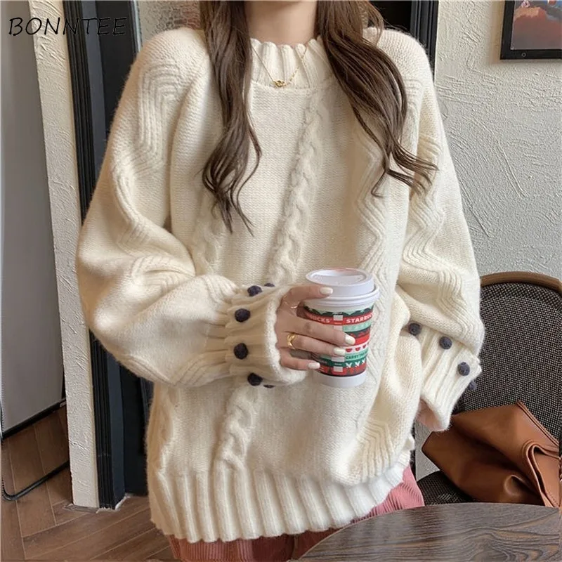 

Pullovers Women Popular All-match Stylish Ins Loose Warm Invierno O-Neck Knitting Sweaters Casual Daily Thickening Solid Design