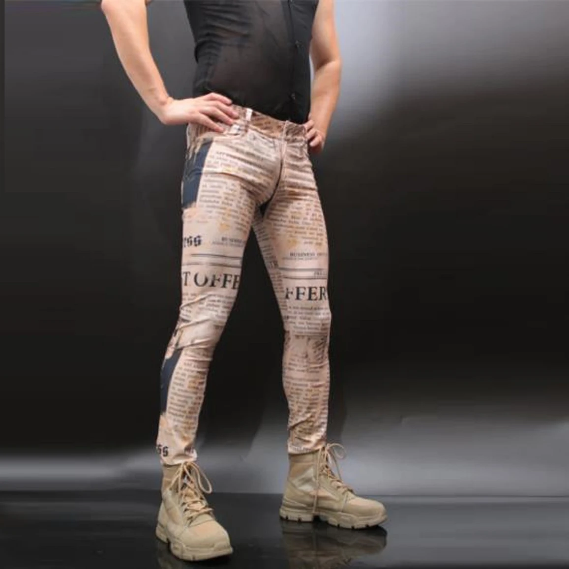 

Men Printed Milk Silk Trouser Retro Newspaper Letter Prints High-Elastic Casual Pencil Pants Leisure Legging Skinny Jeans Style