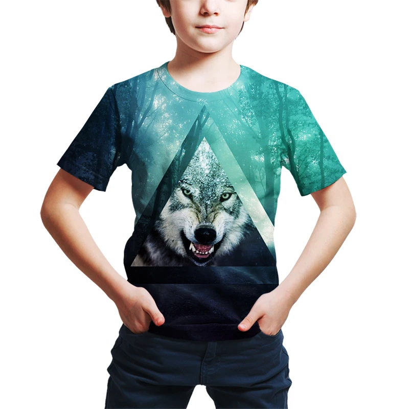 

2021 Summer T shirt boys girls Round Neck Short Sleeve Tees Tops Funny Animal boys Clothes Casual Wolf 3D Print Tshirt