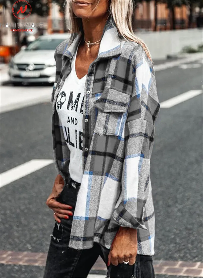 

Fashion Women Plaid Print Shirts Single-Breasted Design Pockets Decor Turn-down Collar Long Autumn Sleeve Casual Loose Top