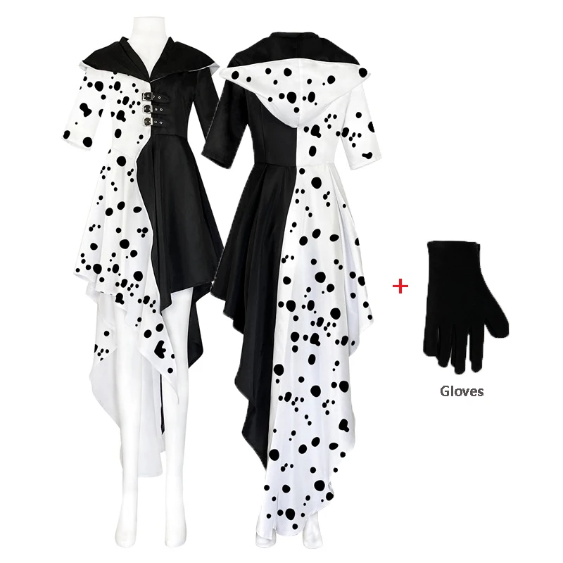 

Movie Cruella De Vil Dress Cosplay Costumes Women's Spotted Black and White Dresses Anime 101 Dalmatians Performance Party