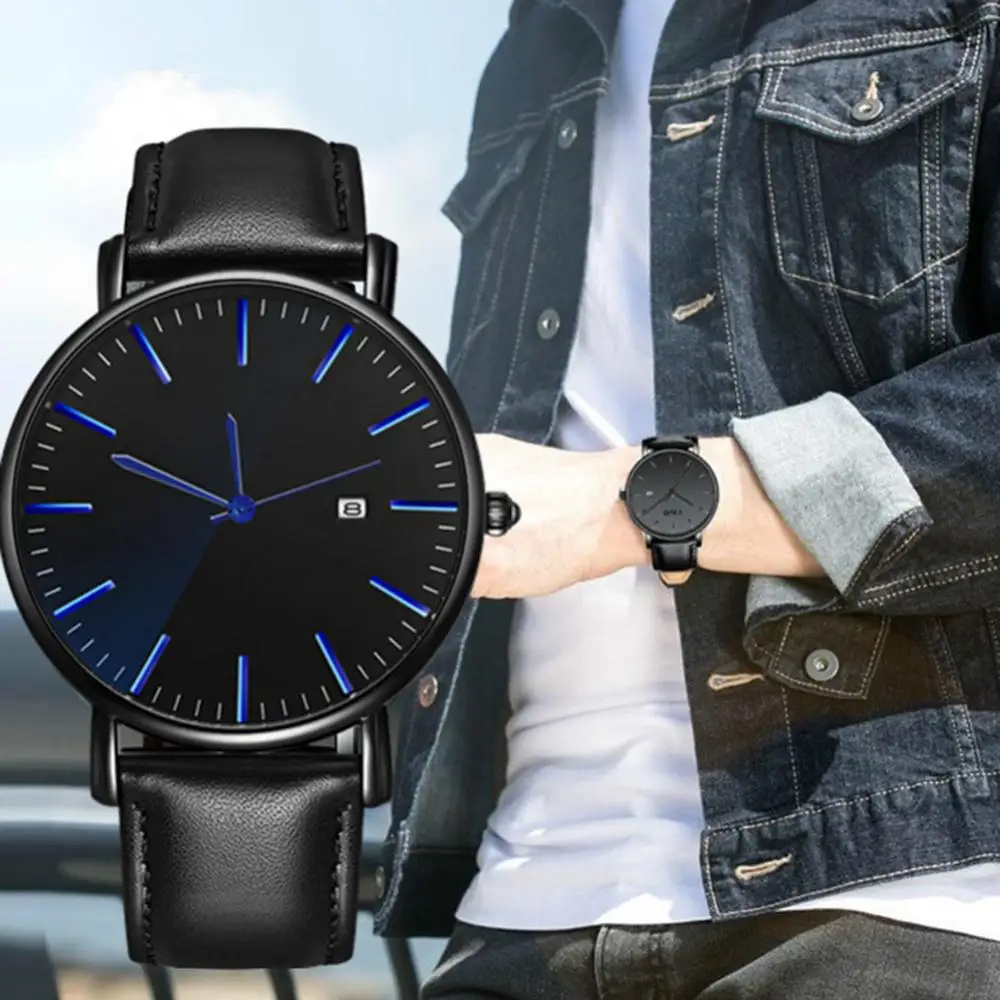 

2021 New Fashion Simple Business Men Minimalist Calendar Round Dial Faux Leather Band Quartz Wrist Watch for Daily Life