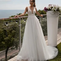 boho elegant a line wedding dress with lace appliques square collar brush train backless bride gown sleeveless vestidos de novia