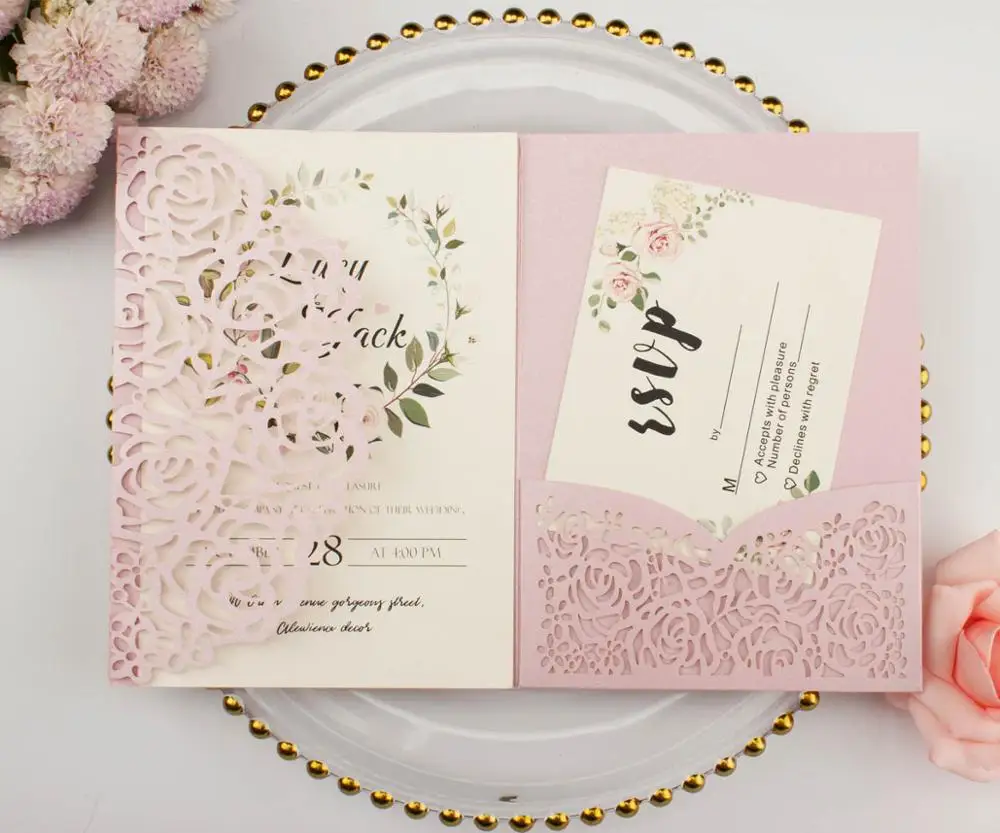 pink lilao 20 шт./лот темно-синий pocketfold с цветами лазерной резки свадебные пригласительные карты три сложенные карты карман поздравительные приглашения - Цвет: pink lilao