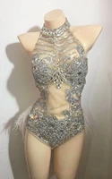 party stage wear dress crystals shining sexy bodysuit outfit female singer dj ds modern one piece sexy rhinestone tassel dresses