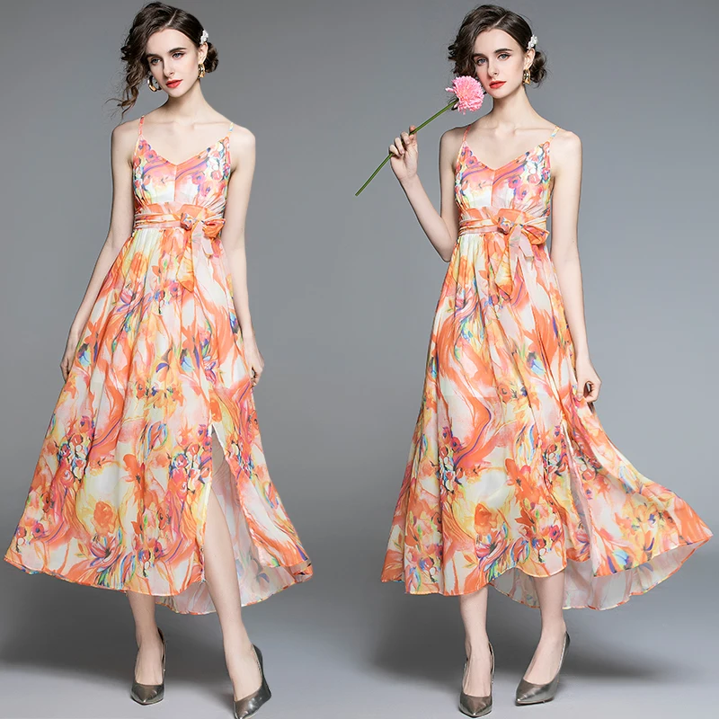 

Simgent Sling Dress Woman 2021 Summer Spaghetti Straps Backless Long Printing Slit Holiday Beach Dresses Vestidos SG1185