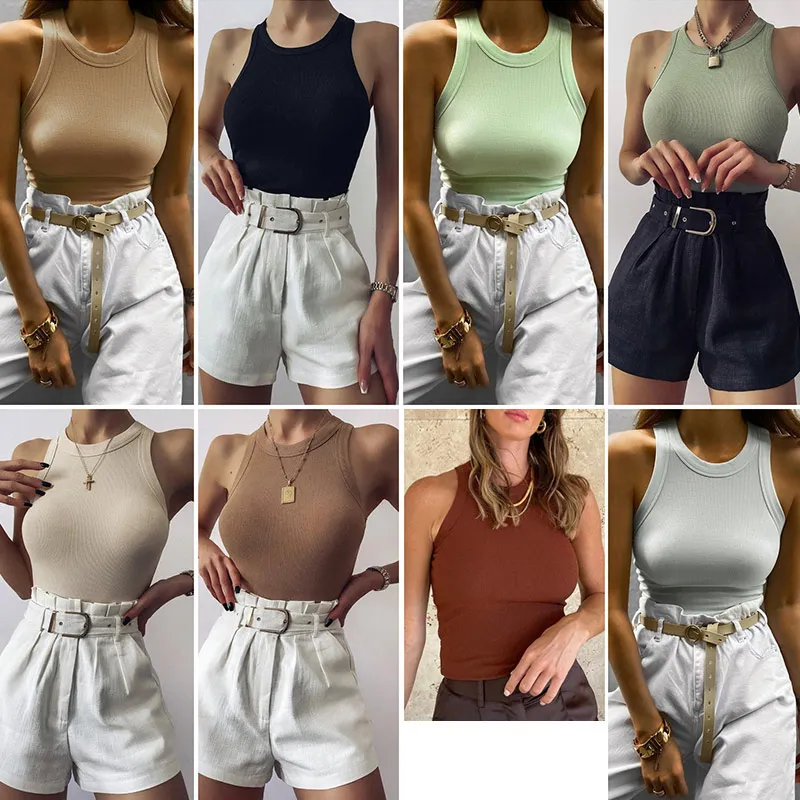 

2021 Summer Sleeveless Women's Tank Tops Sexy O-Neck Off Shoulder Knitted Female Elasticity Tanks Slim Fashion Vest Lady Top