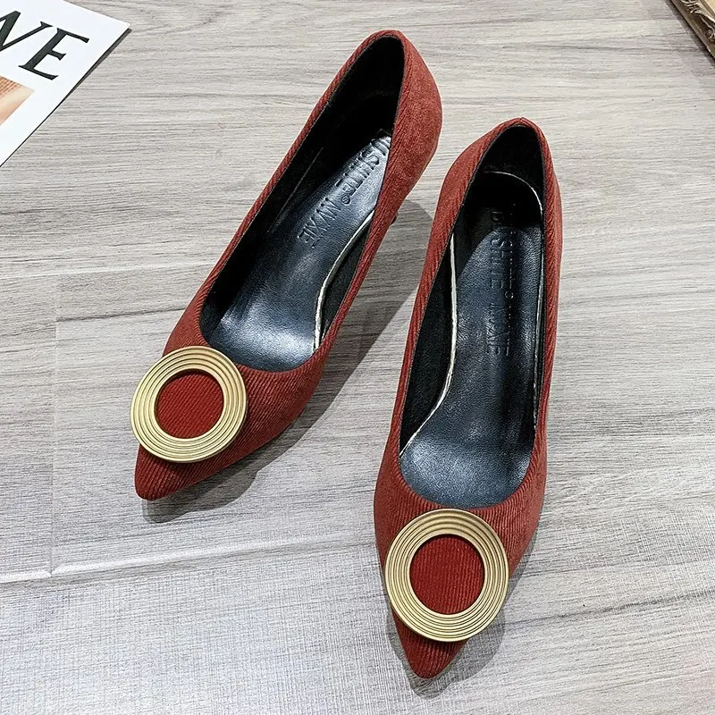 

Woman Pointed Toe Office Shoes Female Slip On High Heels Round Metal Buckle Pumps Zapatos De Mujer Plataforma