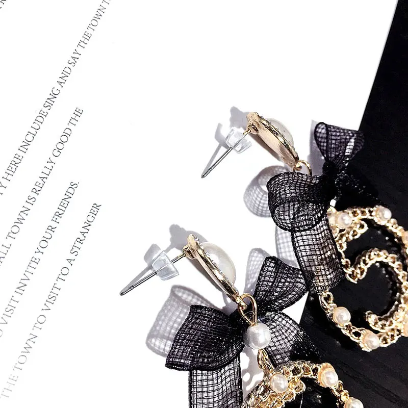 Корея Dongdaemun модная лента бант жемчуг номер 5 большой круг духи серьги в виде