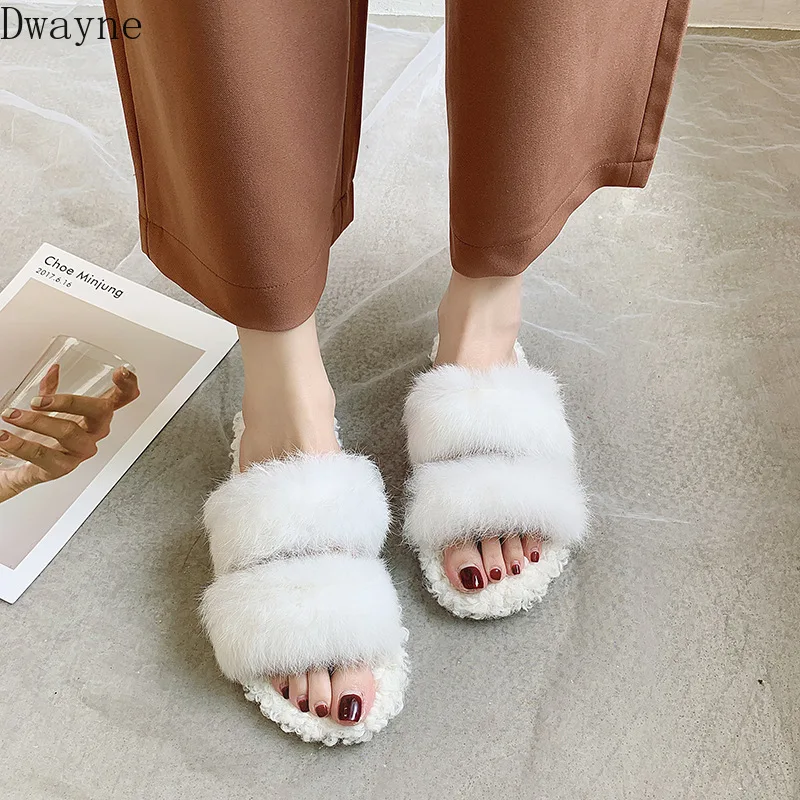 Меховые тапочки удобная женская обувь на мягкой подошве модные дикие плоские