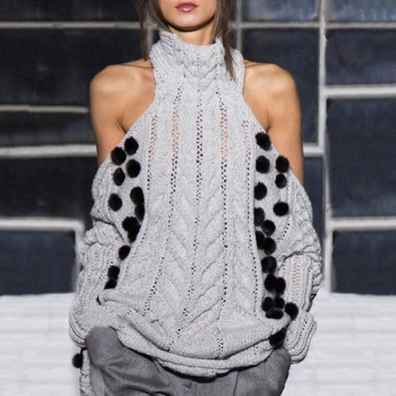 Модный вязаный свитер с высоким воротом женский сексуальный толстый открытыми