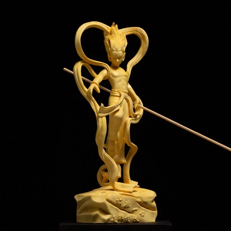 

15CM Chinese Third Lotus Prince Nezha Mythology Figure Moive Characters Boxwood Carving Solid Wood Ornaments Cartoon Statue