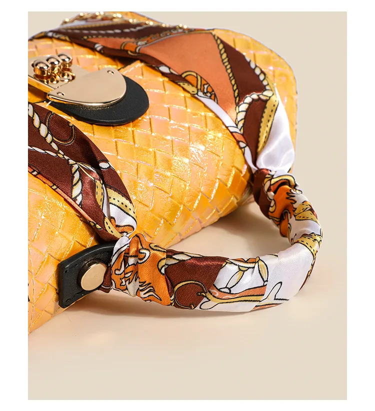 Fashion Woven Pattern Leather Crossbody Bag For Women Casual Travel Handbag With Silk Scarf Ladies Chain shoulder Messenger Bag