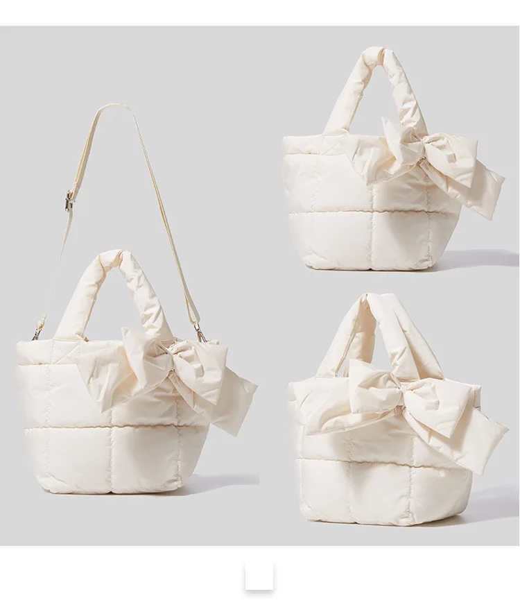 Nylon Bow Tote for Women Down Padded Shoulder Crossbody Bag Winter Handbag Women's Fashion Underarm Bags Casual Purses 2022 Ins