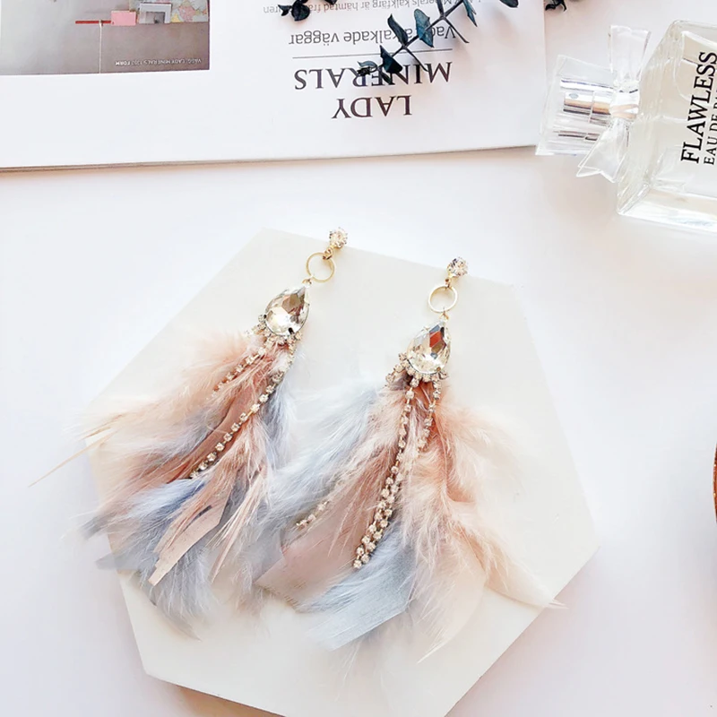 

New Earrings Jewelry Arrival Elegant Colorful Feather Tassel Earrings for Women Shiny Crystal Beads Dangle Pendientes Earrings