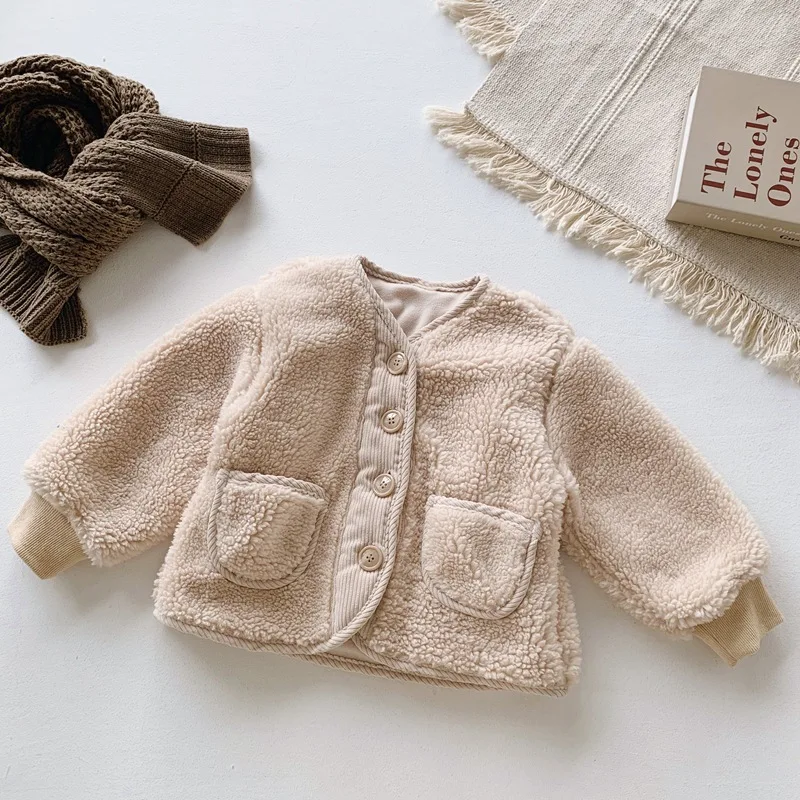 

WLG girl winter coats kids beige velvet thick single breasted outerwear baby girl casual warm clothes 1-6 years