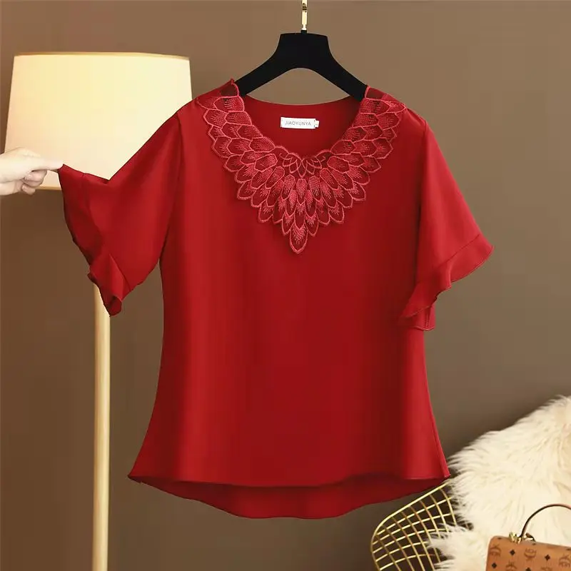 

Plus Size Women Clothing Summer Style Stitching Blouses Shirts Lady Casual Short Sleeve O-Neck Solid Color Blusas TopsDM0015
