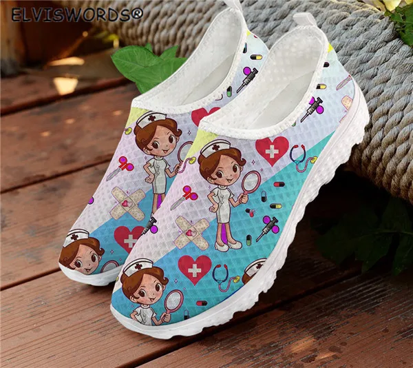 

ELVISWORDS Gradient Rainbow Nurse Prints Breathable Ladies Air Mesh Sneakers Non-slip Slip on Lazy Shoes Footwear for Women Hot