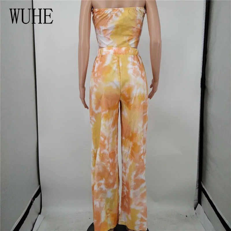 

YEYA Tie Dye Print 2 Suits Sleeveless Lace Up Breast Wrap Off Shoulder Top and Wide Leg Pants Casual Party Streetwear Outfits