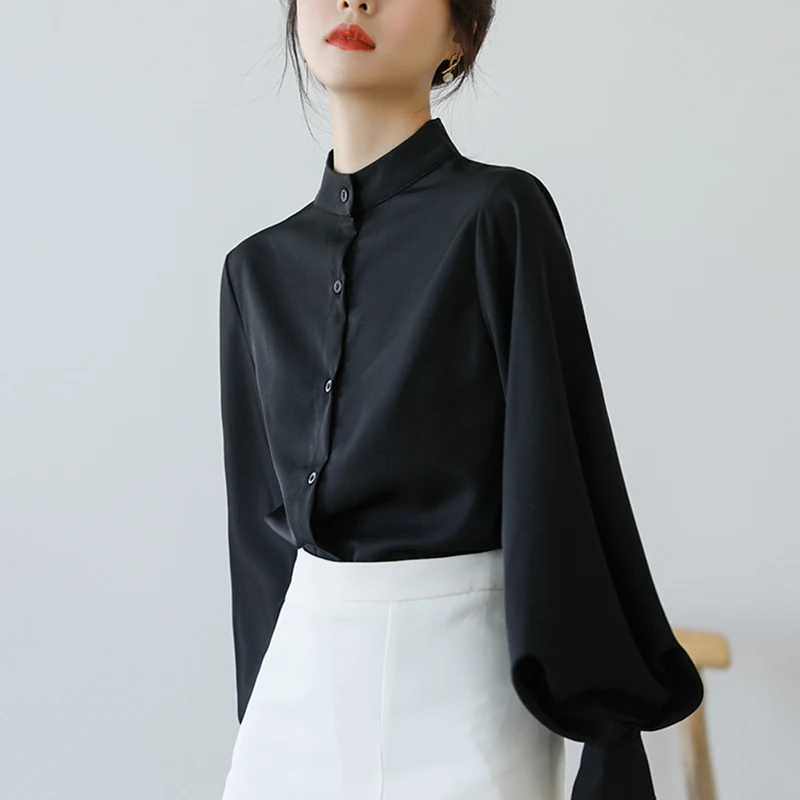 

Women Office Lady Blouse Tops Fashion Autumn Spring Elegant Chic Shirts Lantern Sleeve White Blue Black Tops