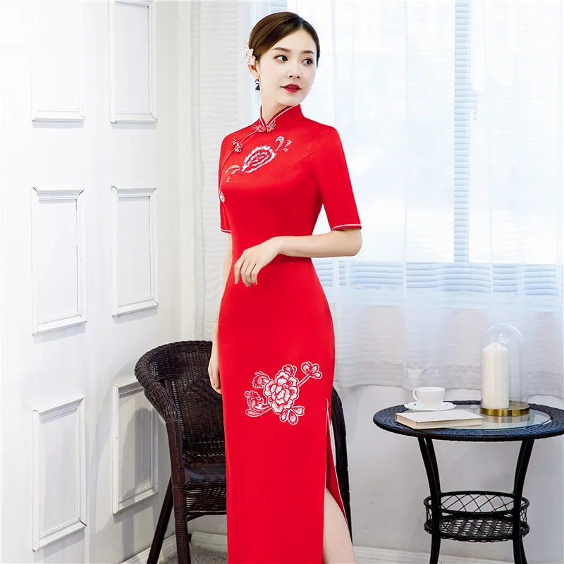 Платье-Ципао женское длинное с вышивкой винтажное приталенное платье на