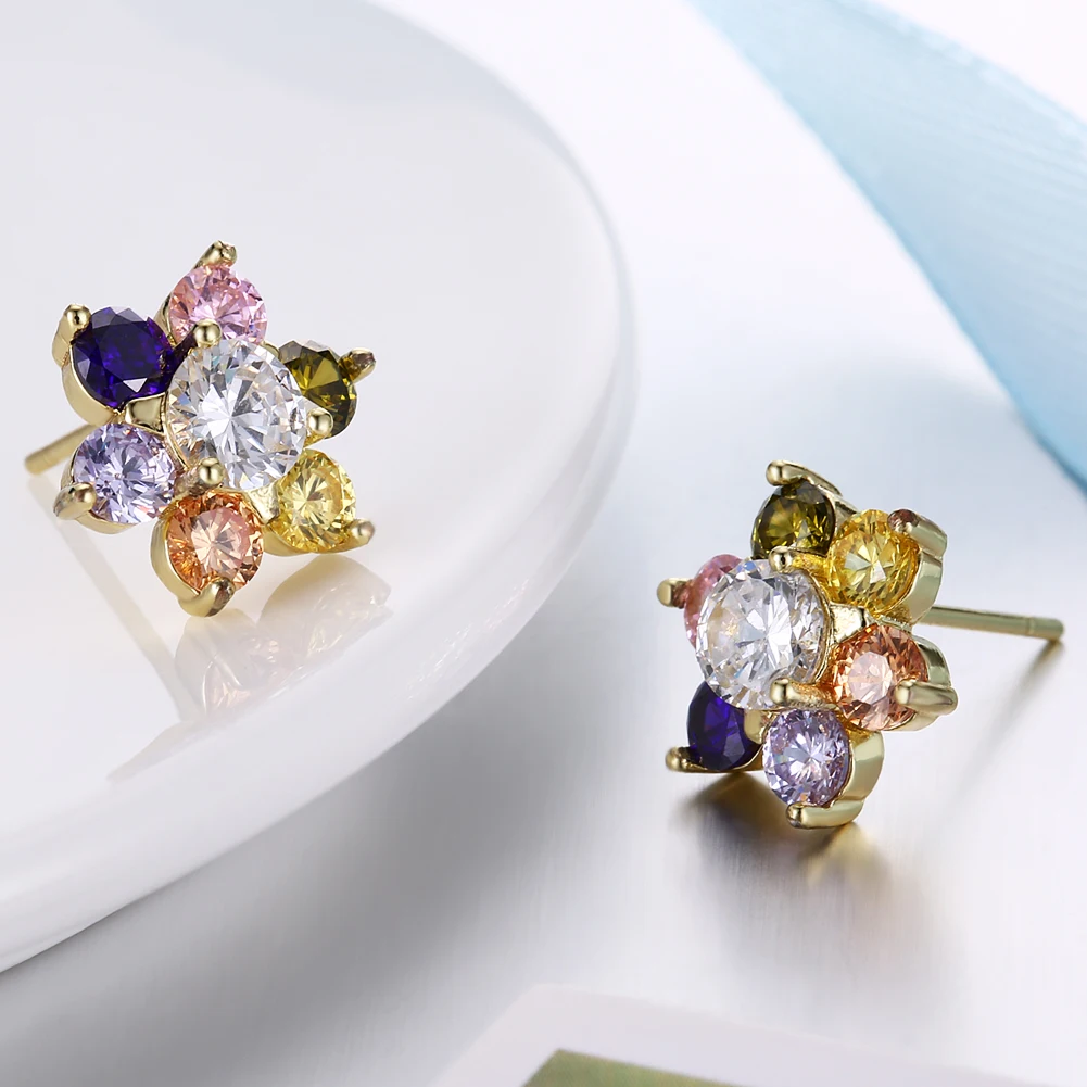 

ZEMIOR Colorful Cubic Zirconia Flower Stud Earrings For Women Korean Version Of Cool Earring Anniversary Girl Fashion Jewelry