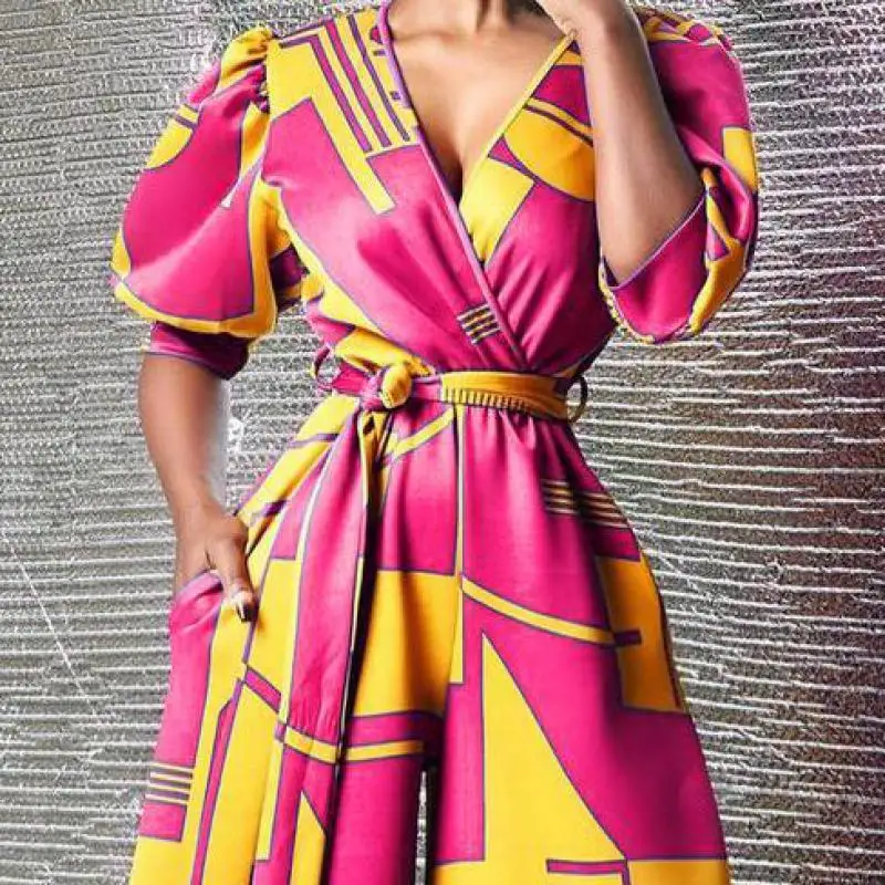 

HIJABUSS Women's 2021 Summer Collection Belt High Waist V-neck Printed Color Blocking Wide Leg Pants African Fashion Jumpsuit