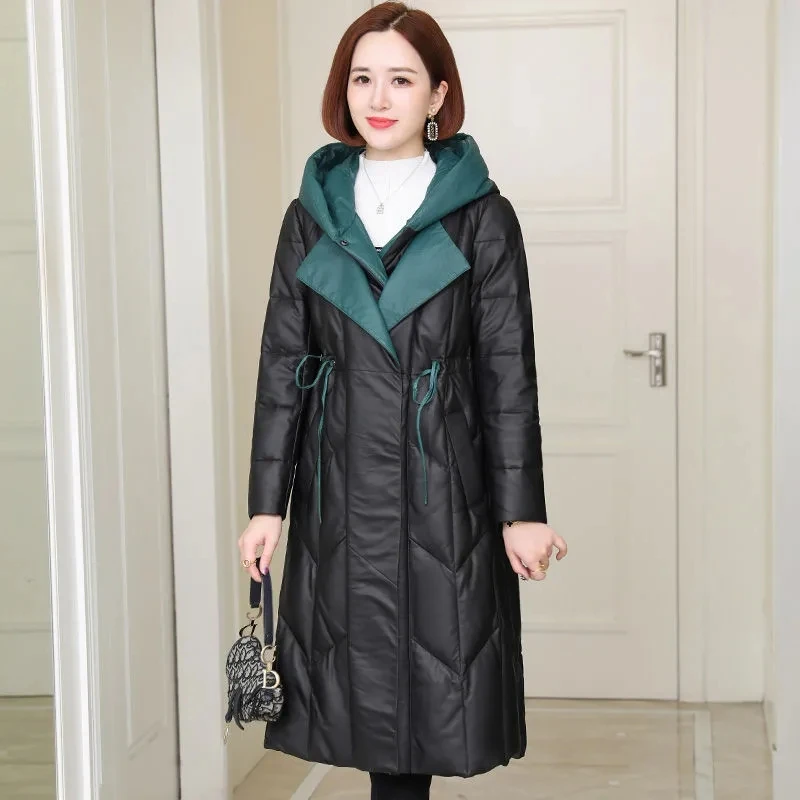 Imitate Leather Down Cotton Jacket Parkas For Women Winter Long PU Leather Double collarContrast Color Warm Cotton Coat Hooded enlarge
