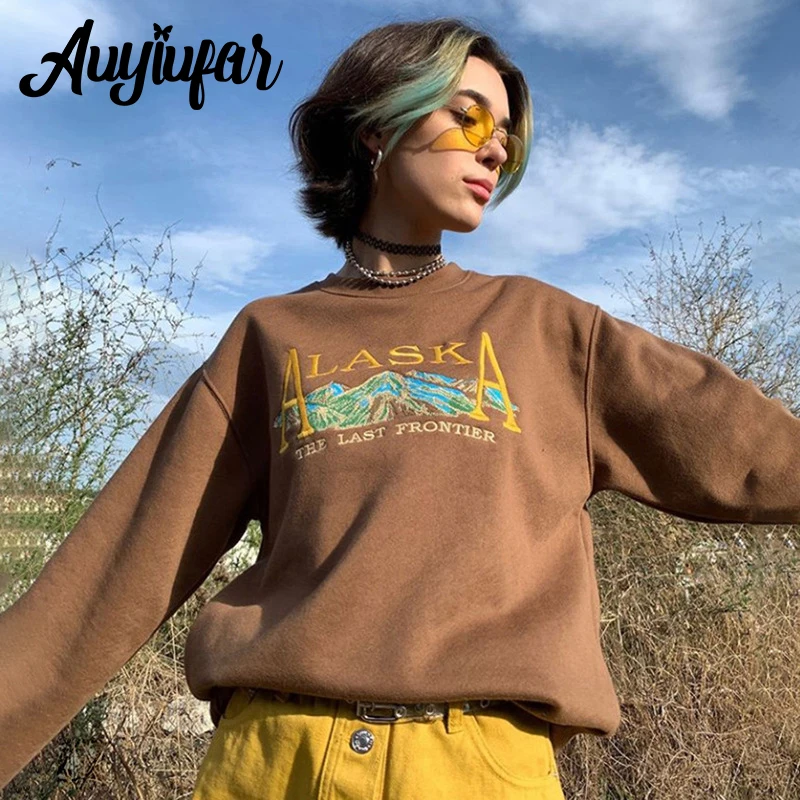 

Auyiufar Brown Fairy Grunge Aesthetic Pattern Sweatshirts Long Sleeve Goblincore Embroidery Fall Vintage Y2K Crew-neck Hoodies