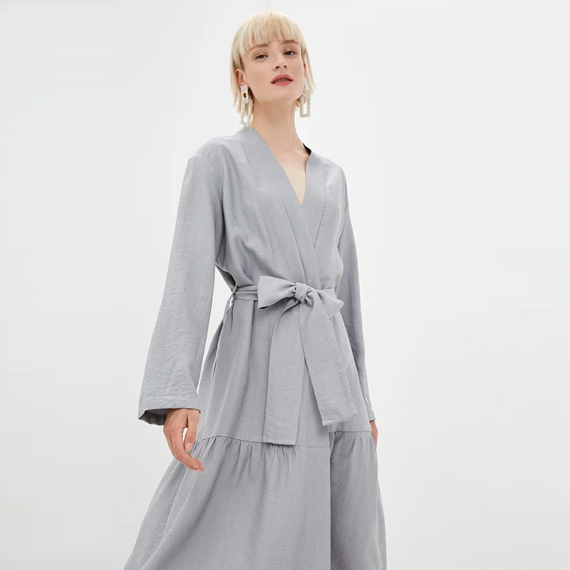 

MUICHES Casual Flare Sleeve Bathrobe Dresses Female Sashes Deep V-Neck A-Line Dress For Women 2021 New Fashion French Style