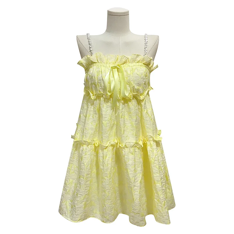 

Korejepo Women Spaghetti Strap Dress 2021 Summer French Retro Sweet Pearl Chain Temperament High Waist Slim Loose A-line Dress