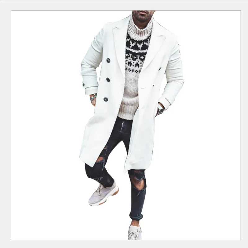 

Spring and autumn fashion men's new solid color casual coat woolen coat white double-breasted lapel long