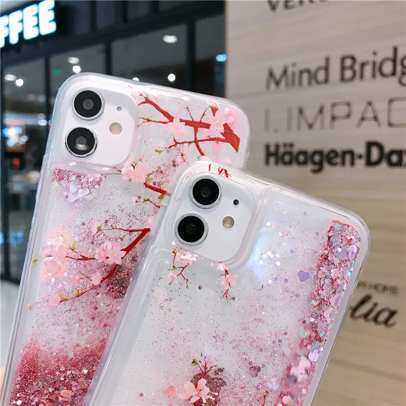 Pink Spring Cherry Blossoms For iPhone 14 Pro Max 13 12Mini 11 XS XR X SE 2020 6 6S 7 8 Plus Case Glitter Liquid Quicksand Cover