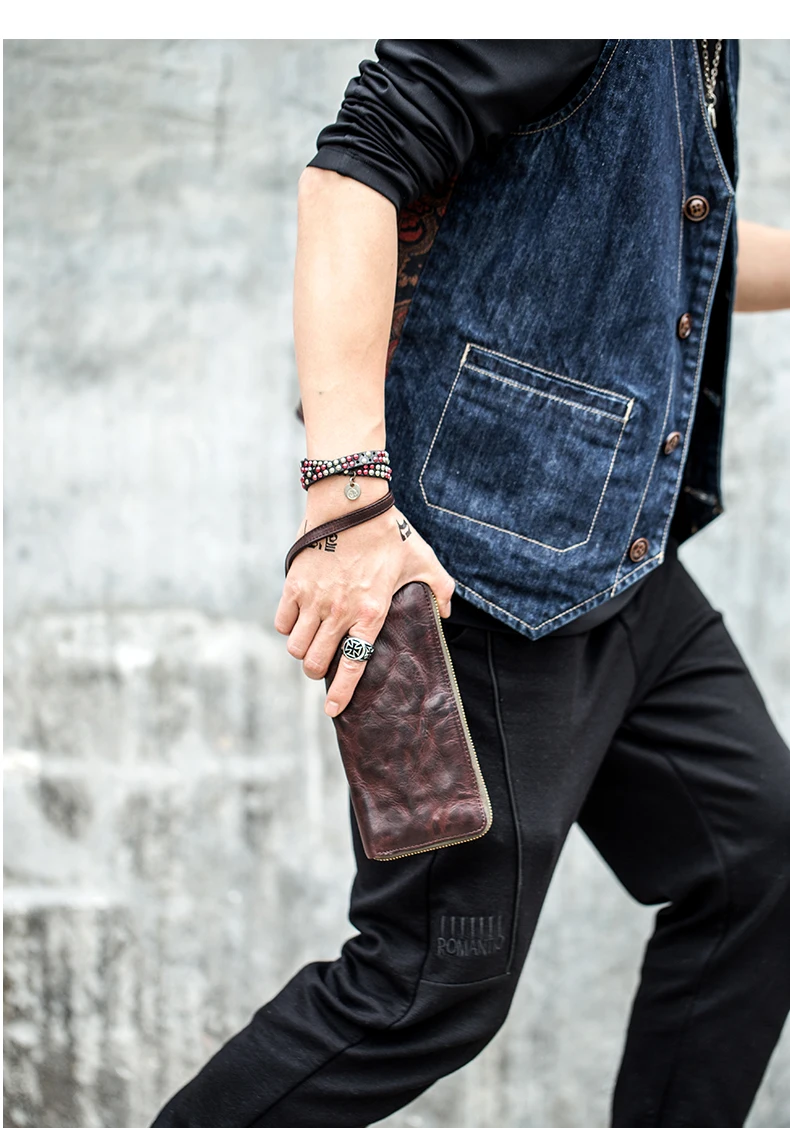 High Quality Vintage Real Cowhide Men Wallet Cash Purse Zipper Modern Stylish Male Long Day Clutches Wristlets Wallet Card Case