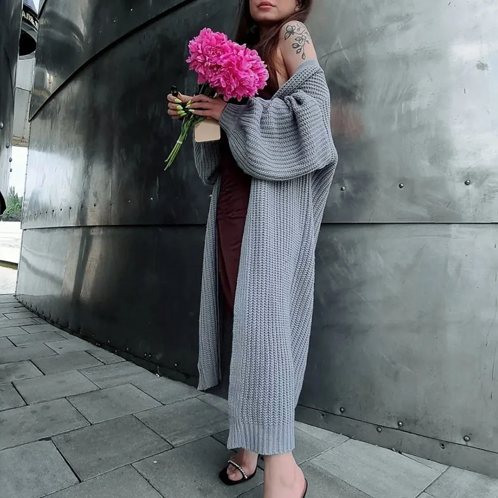 

2021 Europe America New Women's Autumn Winter Casual Loose Sweater Solid Color Simplicity Long Sleeve Cardigan Jacket