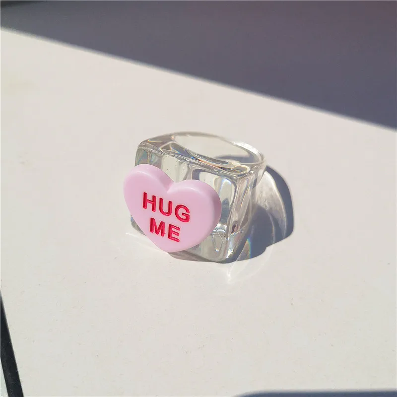 

2021 Korean Harajuku Vintage Charms Handmade Heart Letter Resin Rings For Women Egirl 90s Aesthetic Y2k Jewelry Friendship Gifts