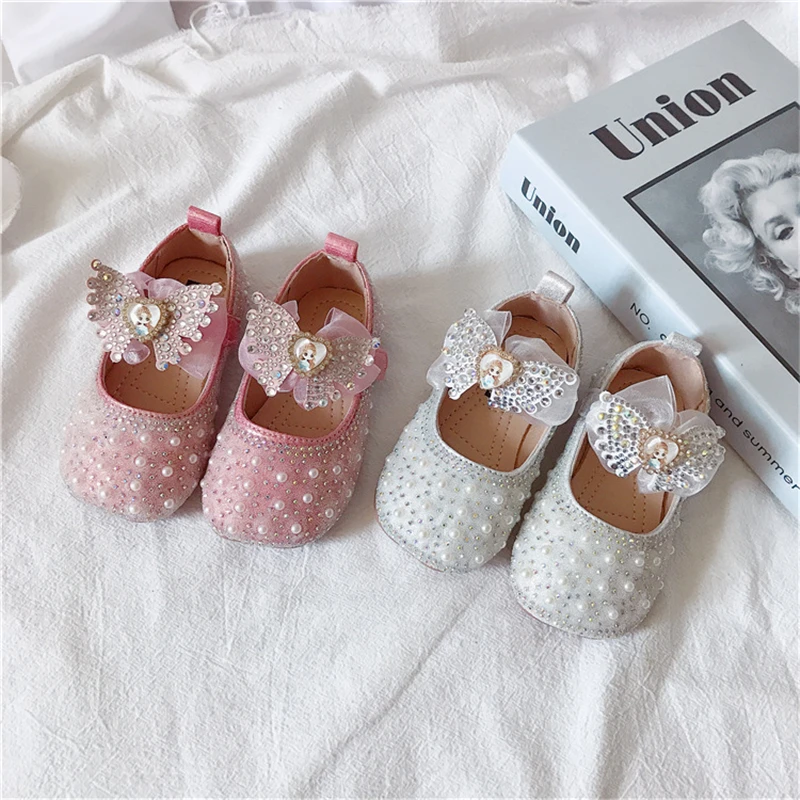 

New Baby Leather Shoes Girls Princess Shoes Spring Autumn Toddler Beading Shoes Bow Pearl Rhinestone Single Shoes Size 21-30