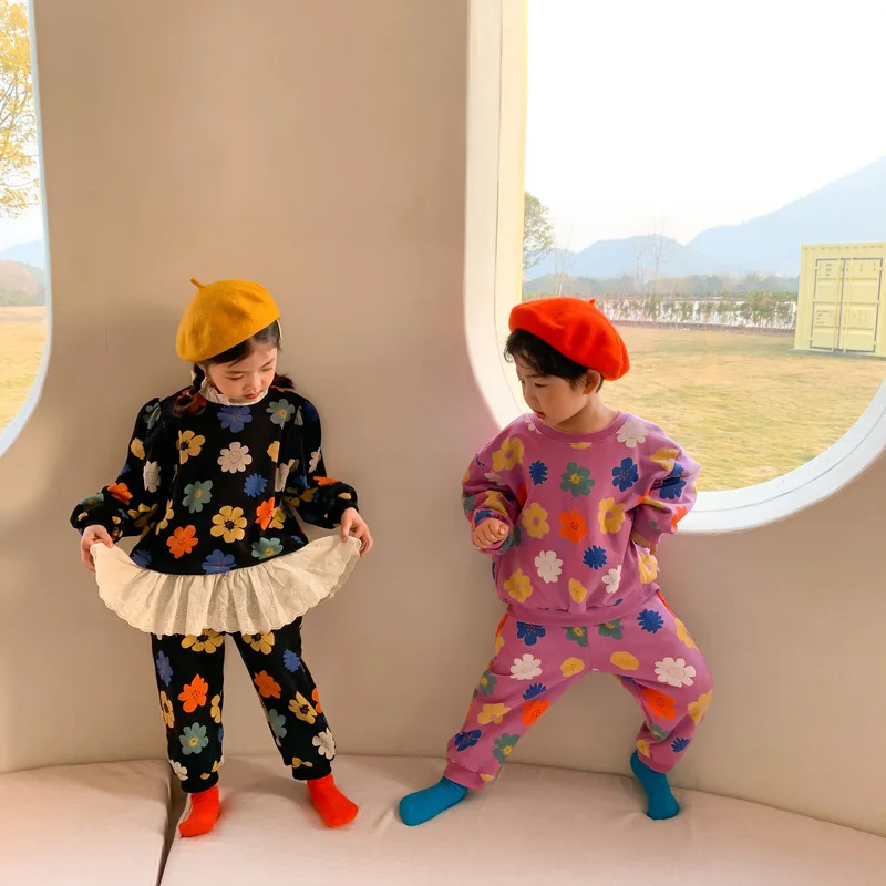 

Fall New Boys and girls Sun Flower Clothes Set Children Lace Patchwork Outfits Fashion 2Pcs Suits Brother and sister Clothes