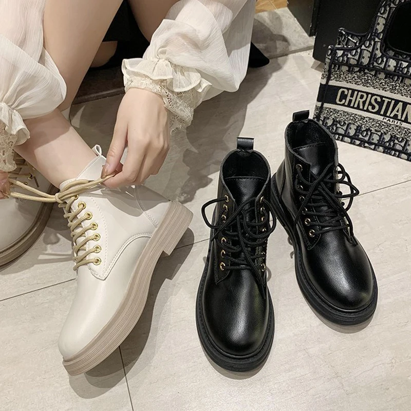 

Women Boots 2020 Ankle Platform Booties Casual Female Autumn Shoes for Winter Waterproof PU Leather Heels High Quality Big Size